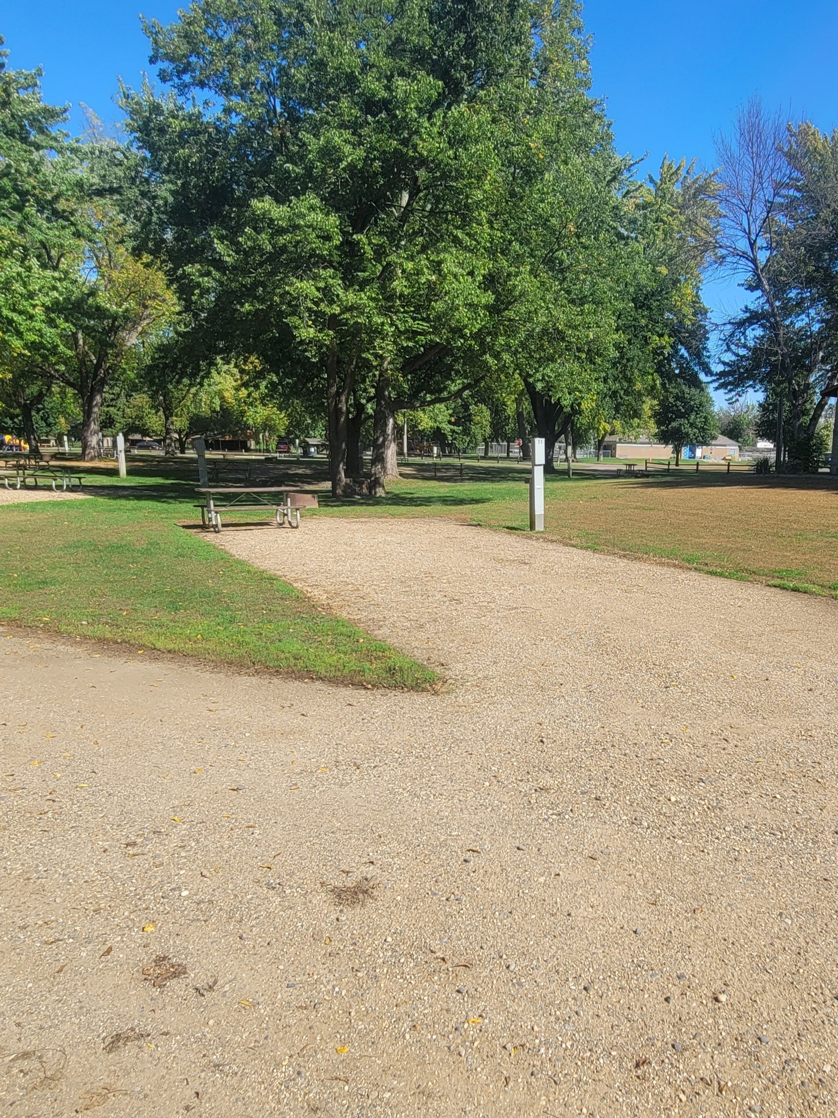 campground site 33 with a gravel path, trees and green grass with a picnic table