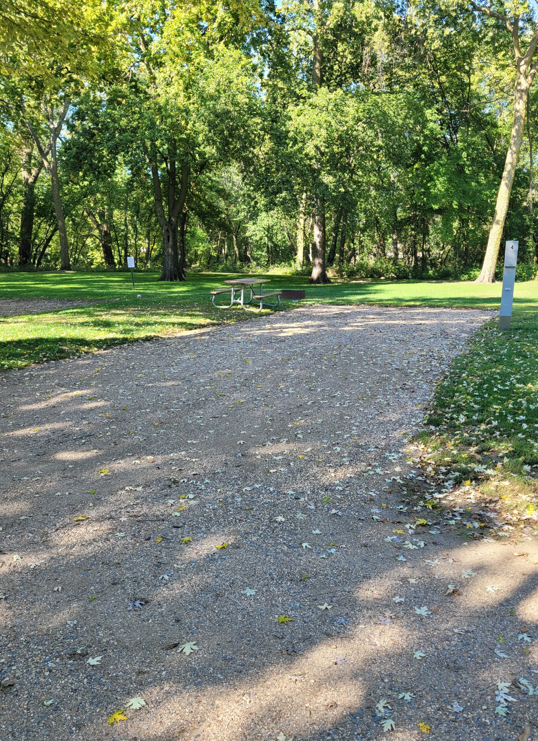 campground site 4 with a wide gravel path, trees, green grass and a picnic table
